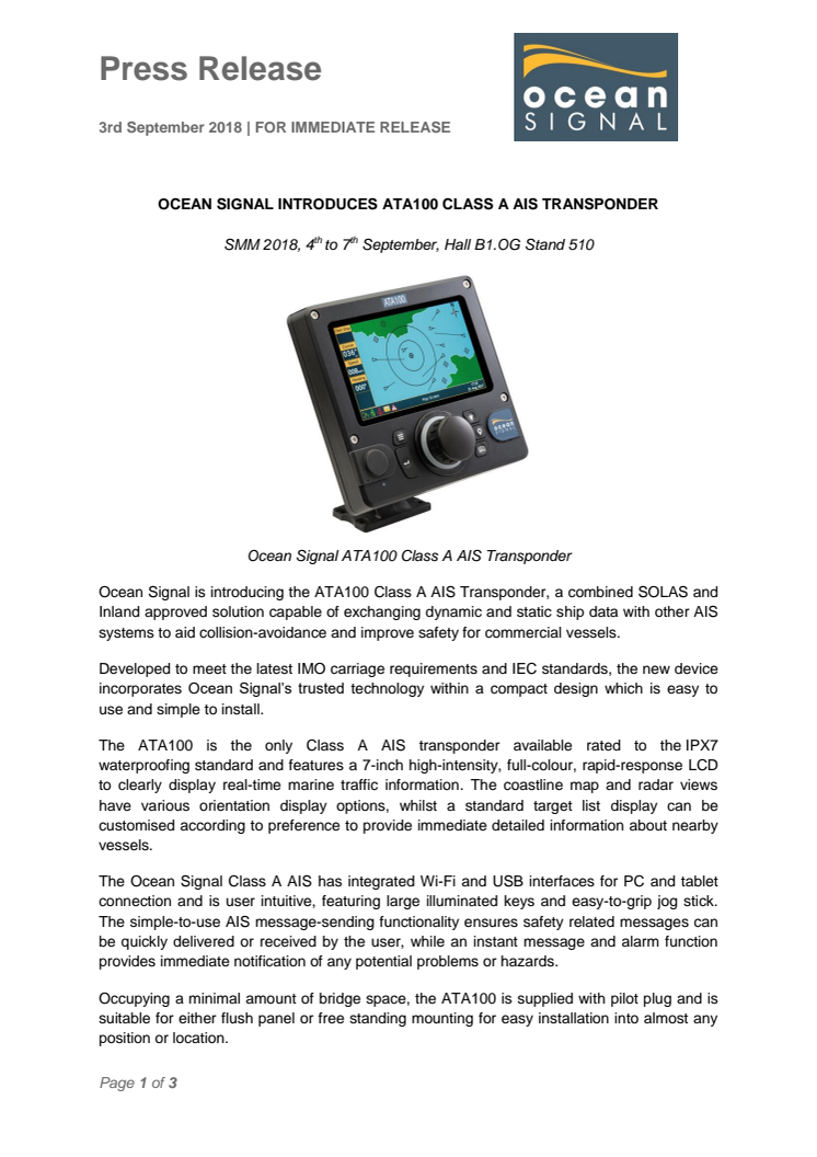 Ocean Signal Introduces ATA100 Class A AIS Transponder