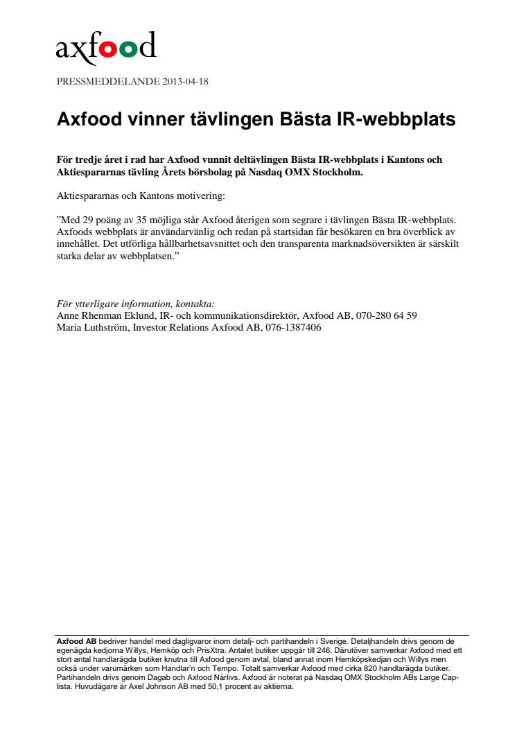 Axfood vinner tävlingen Bästa IR-webbplats