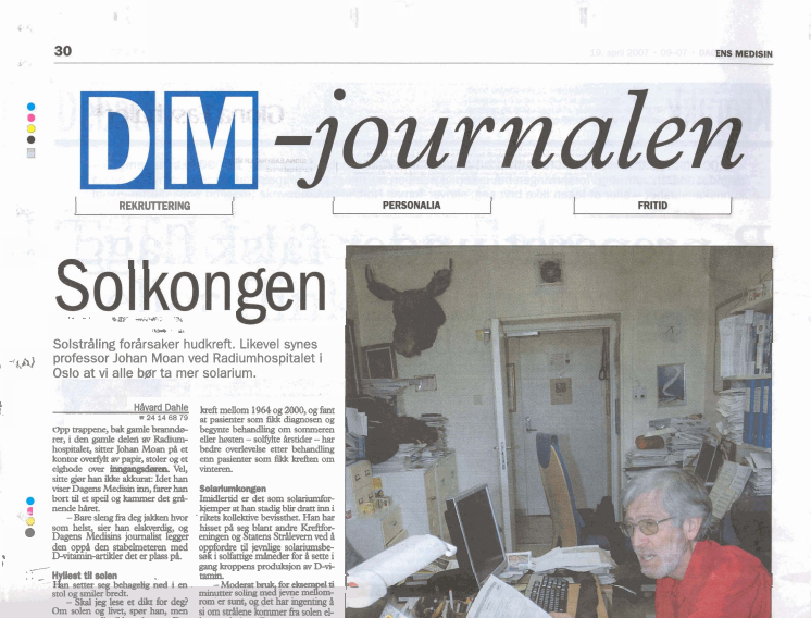 Artikel om Johan Moan i Dagens Medisin 070419