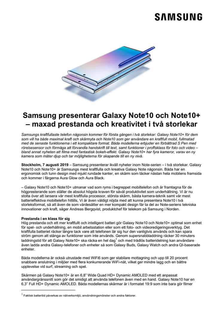 Samsung presenterar Galaxy Note10 och Note10+ – maxad prestanda och kreativitet i två storlekar