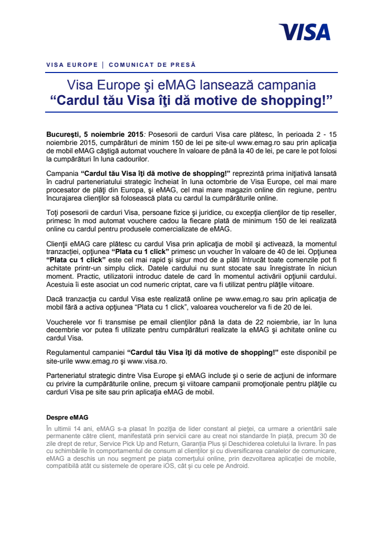 Visa Europe şi eMAG lansează campania “Cardul tău Visa îţi dă motive de shopping!”