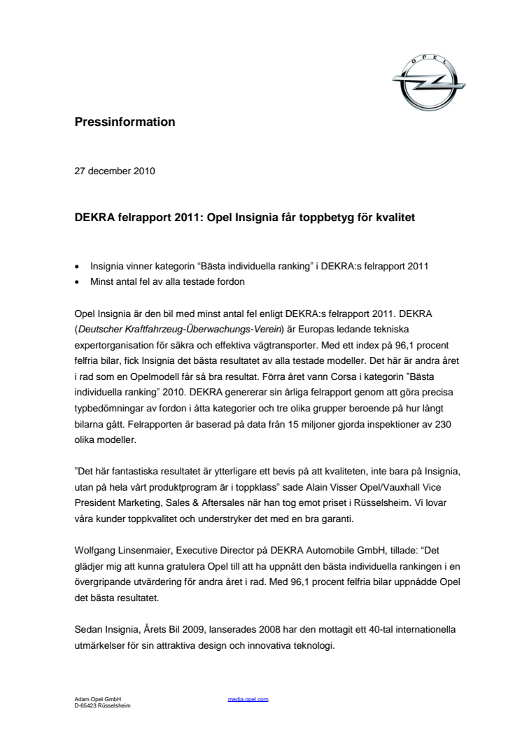 DEKRA felrapport 2011: Opel Insignia får toppbetyg för kvalitet 