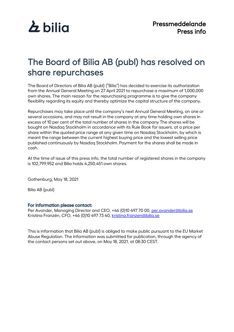 The Board of Bilia AB (publ) has resolved on share repurchases