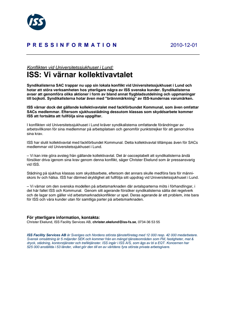 Konflikten vid Universitetssjukhuset i Lund: ISS: Vi värnar kollektivavtalet