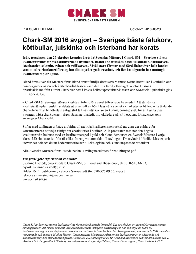 Chark-SM 2016 avgjort – Sveriges bästa falukorv, köttbullar, julskinka och isterband har korats