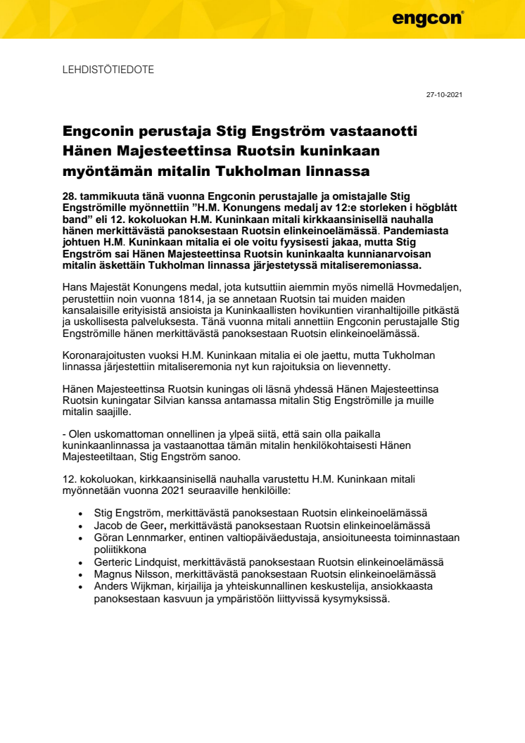 271021_Press_Engconin perustaja Stig Engström vastaanotti Hänen Majesteettinsa Ruotsin kuninkaan myöntämän mitalin  Tukholman linnassa