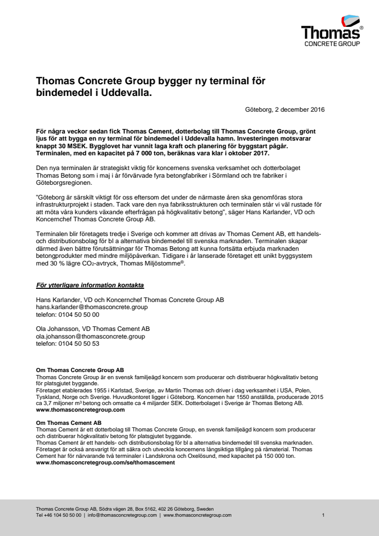 Thomas Concrete Group bygger ny terminal för bindemedel i Uddevalla