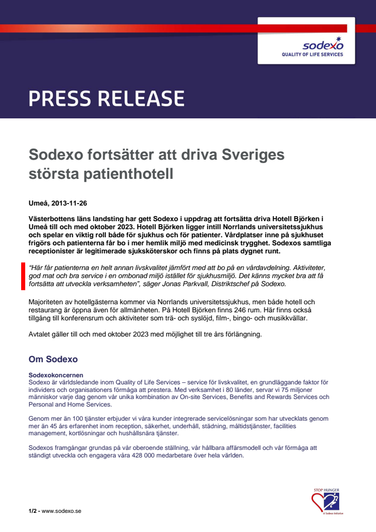 Sodexo fortsätter att driva Sveriges största patienthotell