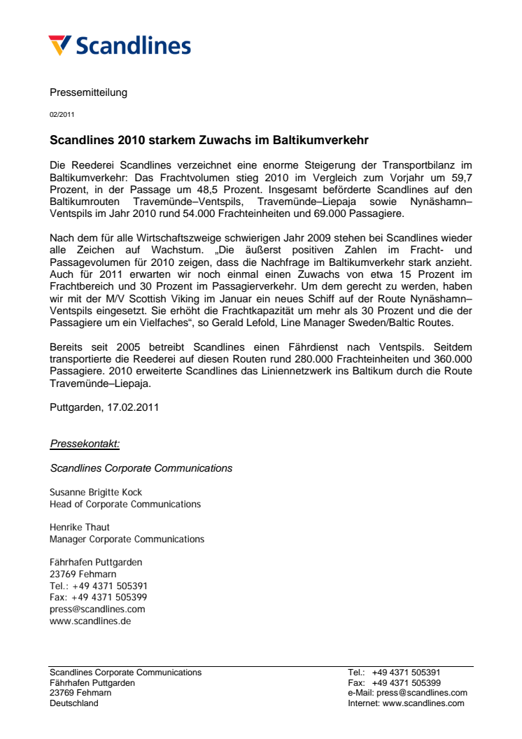 Scandlines 2010 starkem Zuwachs im Baltikumverkehr