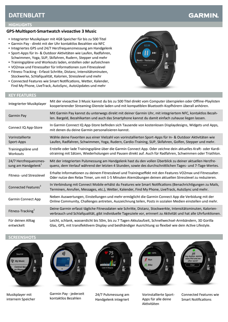 Datenblatt Garmin vívoactive 3 Music