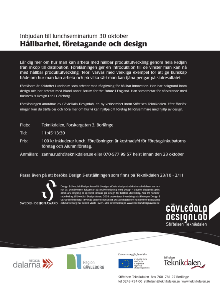 Hållbarhet, företagande och design - Inbjudan till lunchseminarium den 30 oktober.