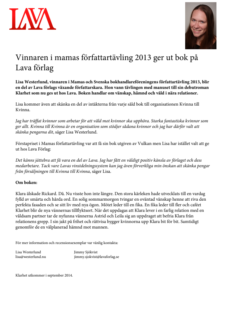 Vinnaren i mamas författartävling 2013 ger ut bok på Lava förlag