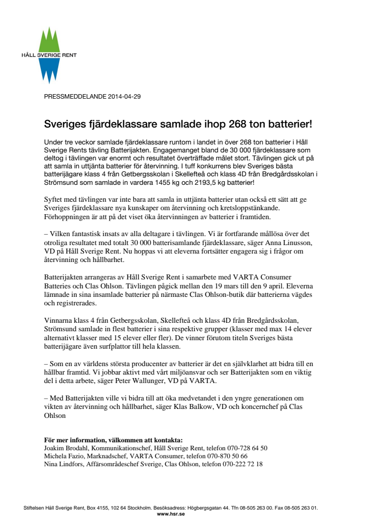 Sveriges fjärdeklassare samlade ihop 268 ton batterier!