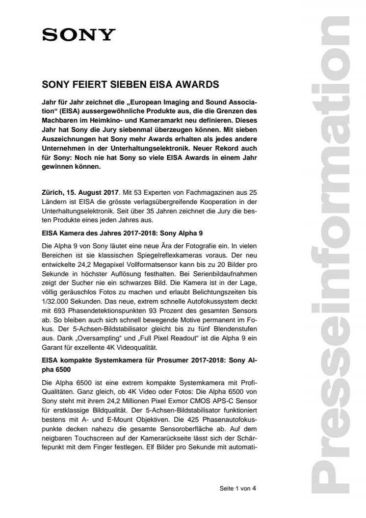SONY FEIERT SIEBEN EISA AWARDS