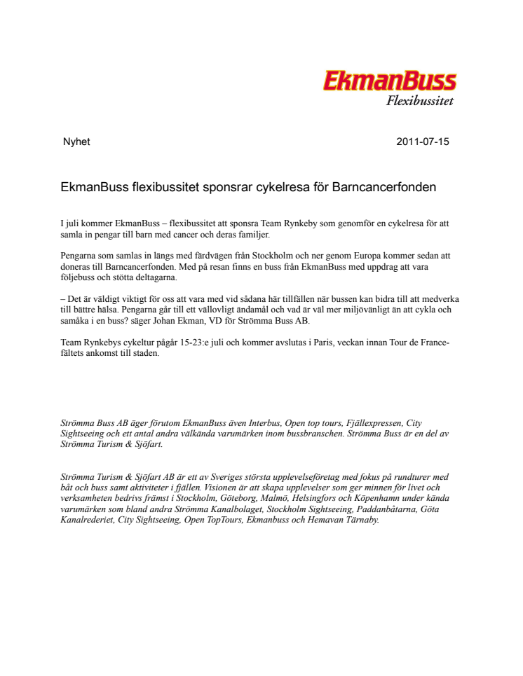 EkmanBuss flexibussitet sponsrar cykelresa för Barncancerfonden