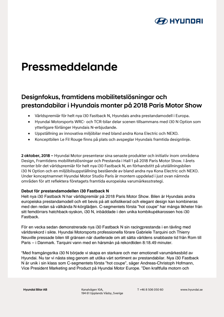 Designfokus, framtidens mobilitetslösningar och prestandabilar i Hyundais monter på Paris Motor Show