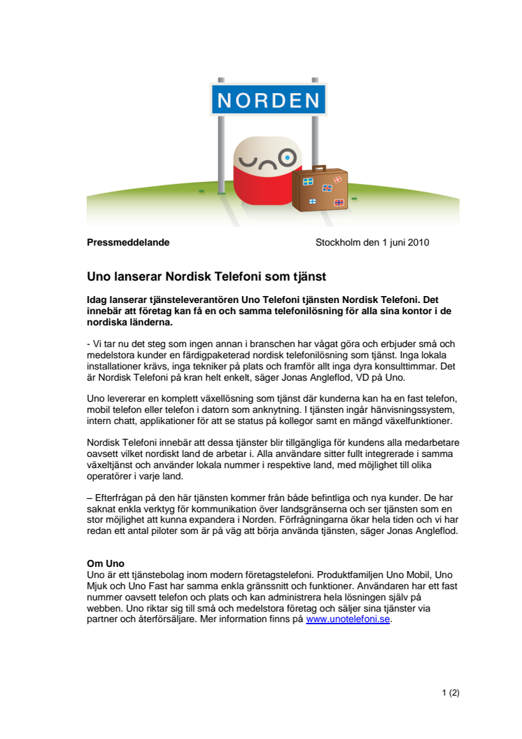 Uno lanserar Nordisk Telefoni som tjänst