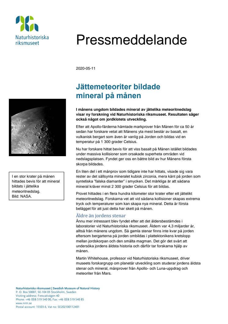Jättemeteoriter bildade mineral på månen