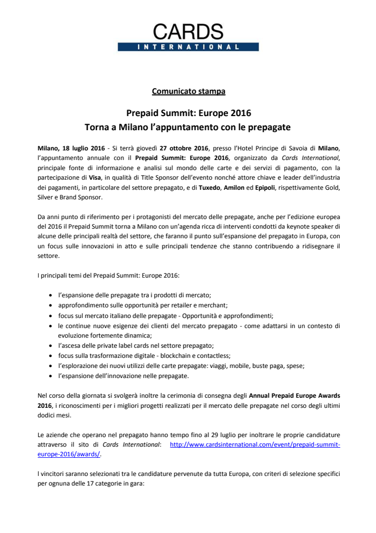 Prepaid Summit: Europe 2016 Torna a Milano l’appuntamento con le prepagate