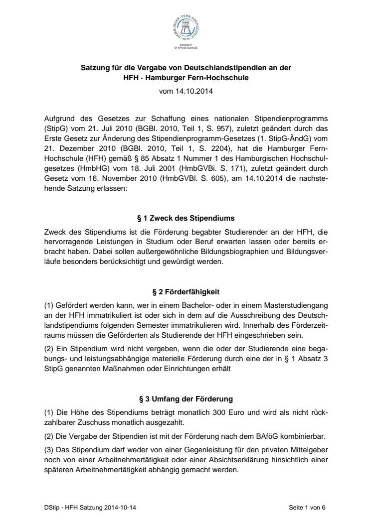 Satzung für die Stipendienvergabe an der HFH