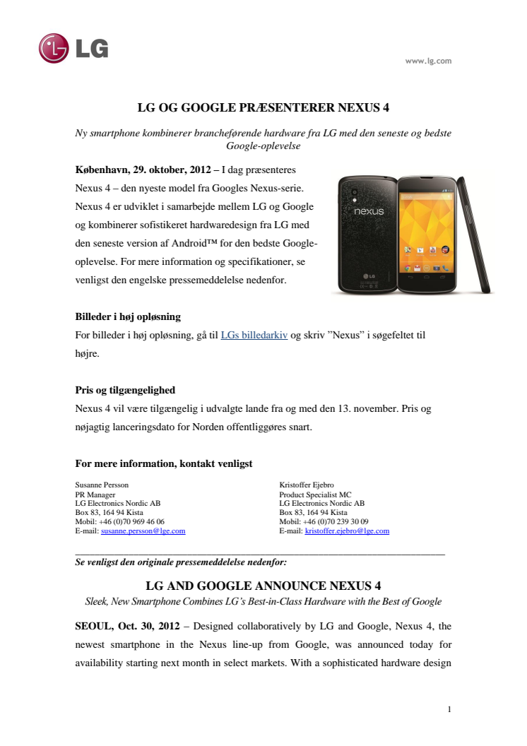 LG OG GOOGLE PRÆSENTERER NEXUS 4