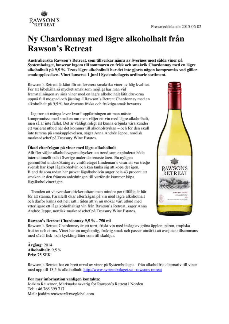 Ny Chardonnay med lägre alkoholhalt från Rawson’s Retreat