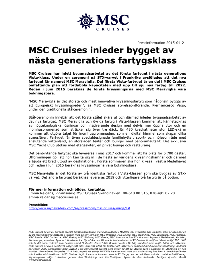 MSC Cruises inleder bygget av nästa generations fartygsklass
