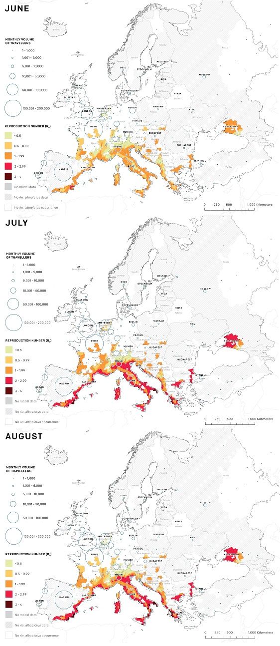 Riskområden för zikaepidemier i juni-augusti. 