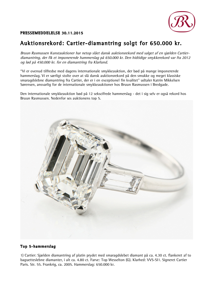 Auktionsrekord: Cartier-diamantring solgt for 650.000 kr.
