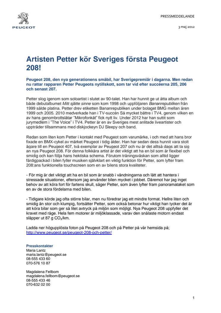 Artisten Petter kör Sveriges första Peugeot 208!