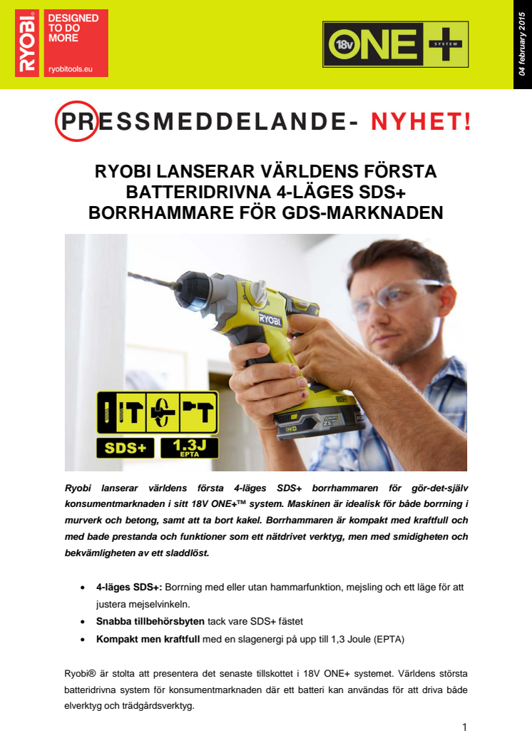 VÄRLDENS FÖRSTA BATTERIDRIVNA 4-LÄGES SDS+ BORRHAMMARE FÖR GÖR-DET-SJÄLV MARKNADEN