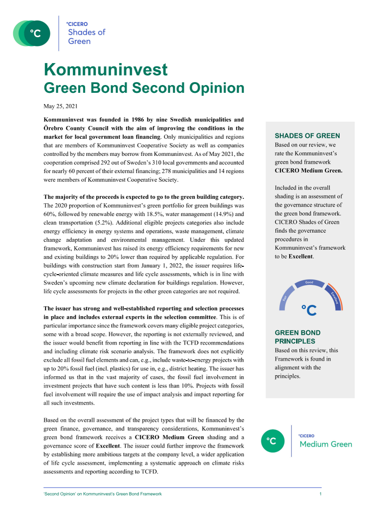 CICERO Kommuninvest Green Bond Second Opinion