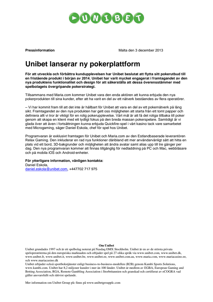 Unibet lanserar ny pokerplattform