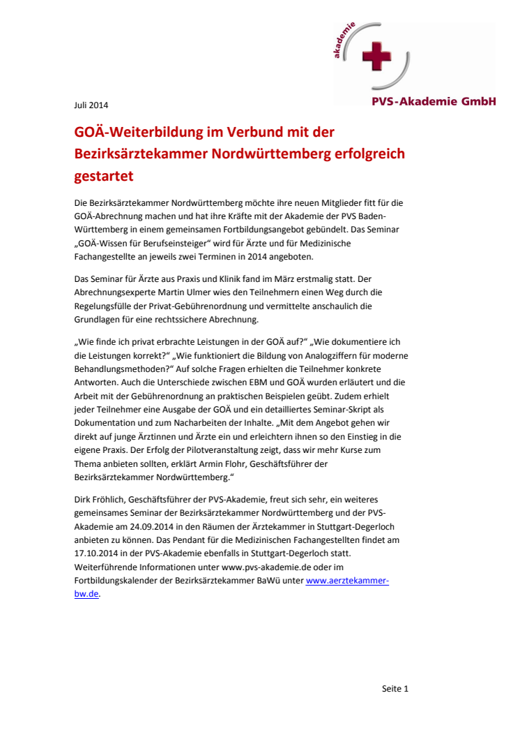 GOÄ-Weiterbildung im Verbund mit der Bezirksärztekammer Nordwürttemberg erfolgreich gestartet