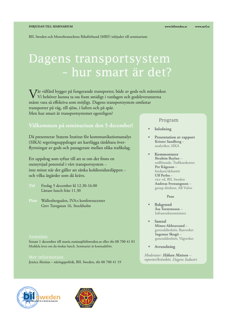 Program Seminarium "Dagens transportsystem - hur smart är det?"