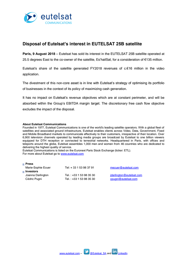 Disposal of Eutelsat’s interest in EUTELSAT 25B satellite