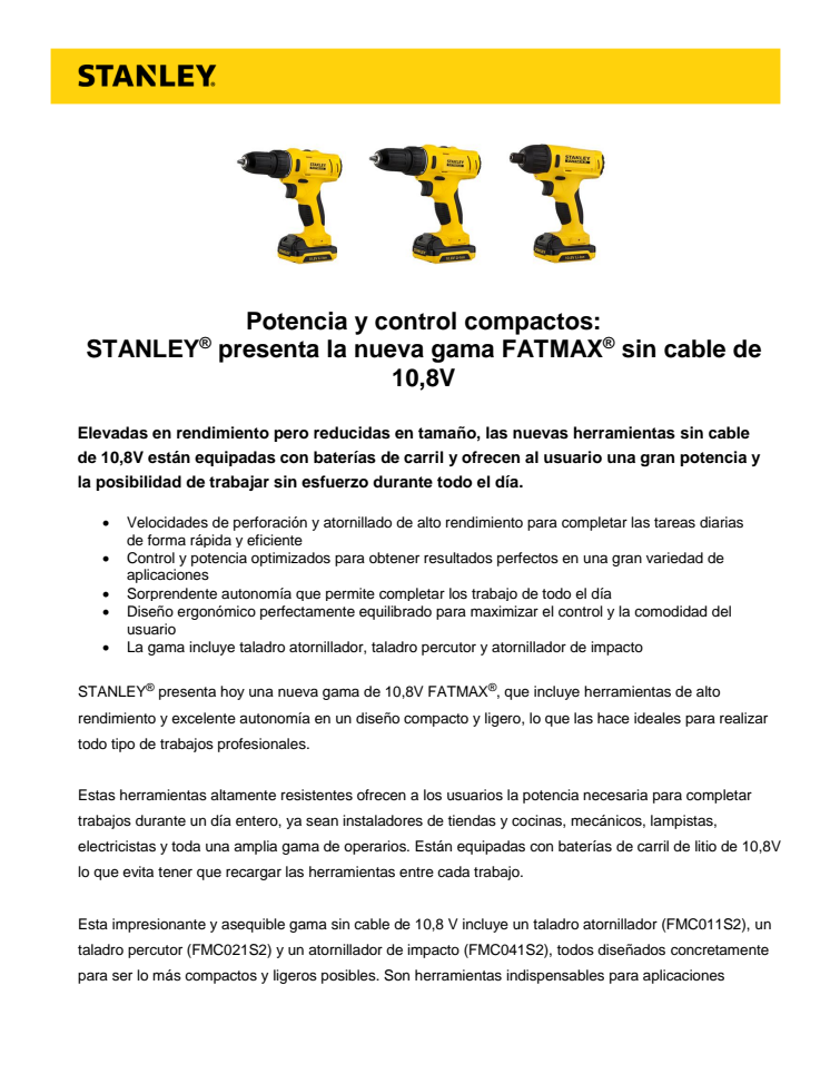 Potencia y control compactos:  STANLEY® presenta la nueva gama FATMAX® sin cable de 10,8V