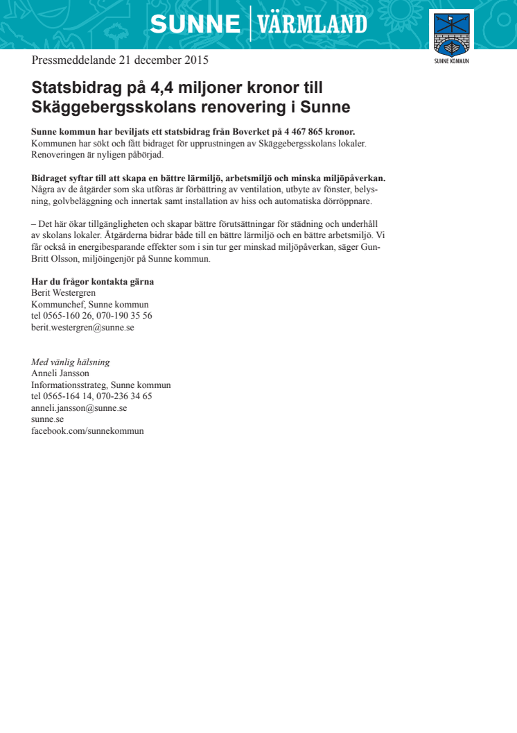 Statsbidrag på 4,4 miljoner kronor till Skäggebergsskolans renovering i Sunne