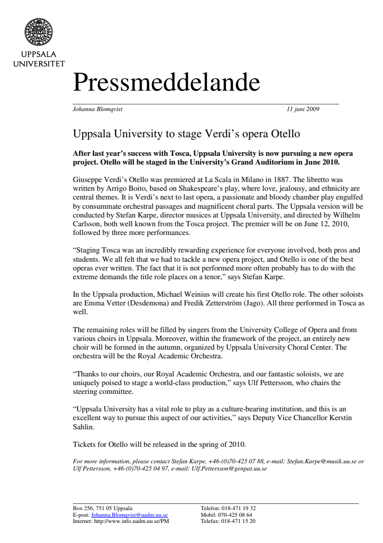 Uppsala University to stage Verdi's opera Otello