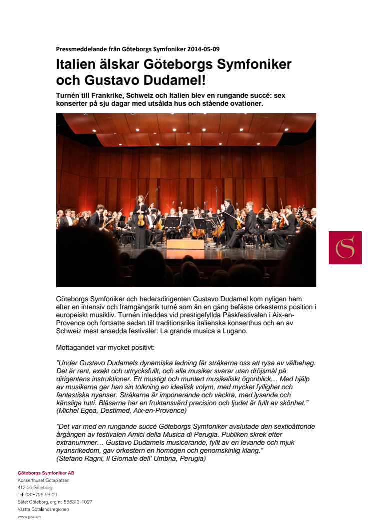 Italien älskar Göteborgs Symfoniker och Gustavo Dudamel!