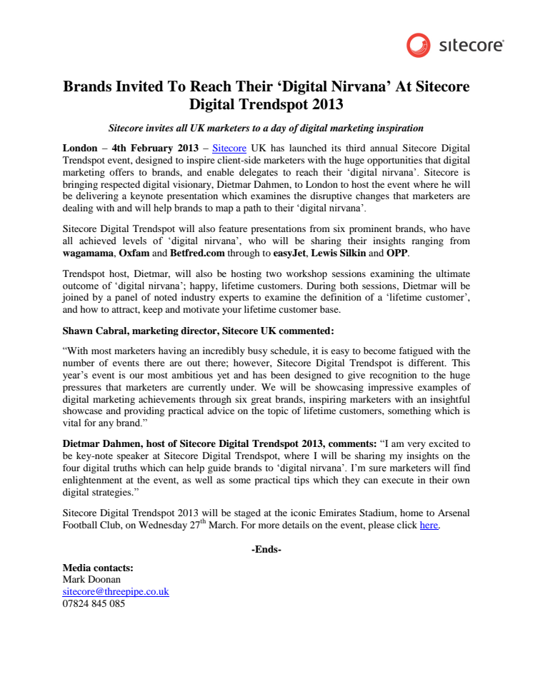 Brands Invited To Reach Their ‘Digital Nirvana’ At Sitecore Digital Trendspot 2013