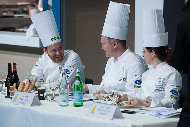 Juryledningen för Bocuse d'Or Europe Björn Franzén, Elena Arzak och Mathias Dahlgren