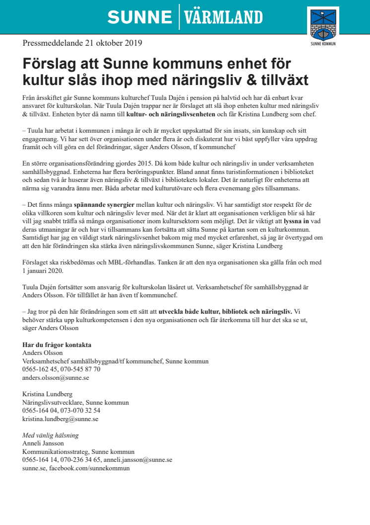 Förslag att Sunne kommuns enhet för kultur slås ihop med näringsliv & tillväxt 