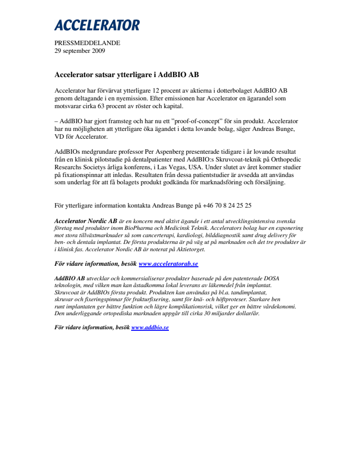 Accelerator satsar ytterligare i AddBIO