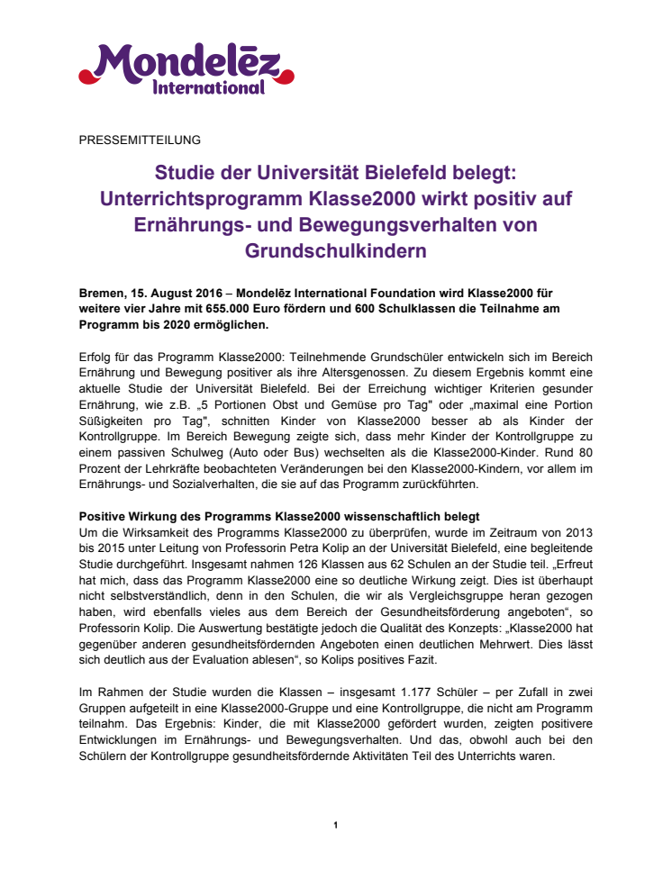 Studie der Universität Bielefeld belegt: Unterrichtsprogramm Klasse2000 wirkt positiv auf Ernährungs- und Bewegungsverhalten von Grundschulkindern