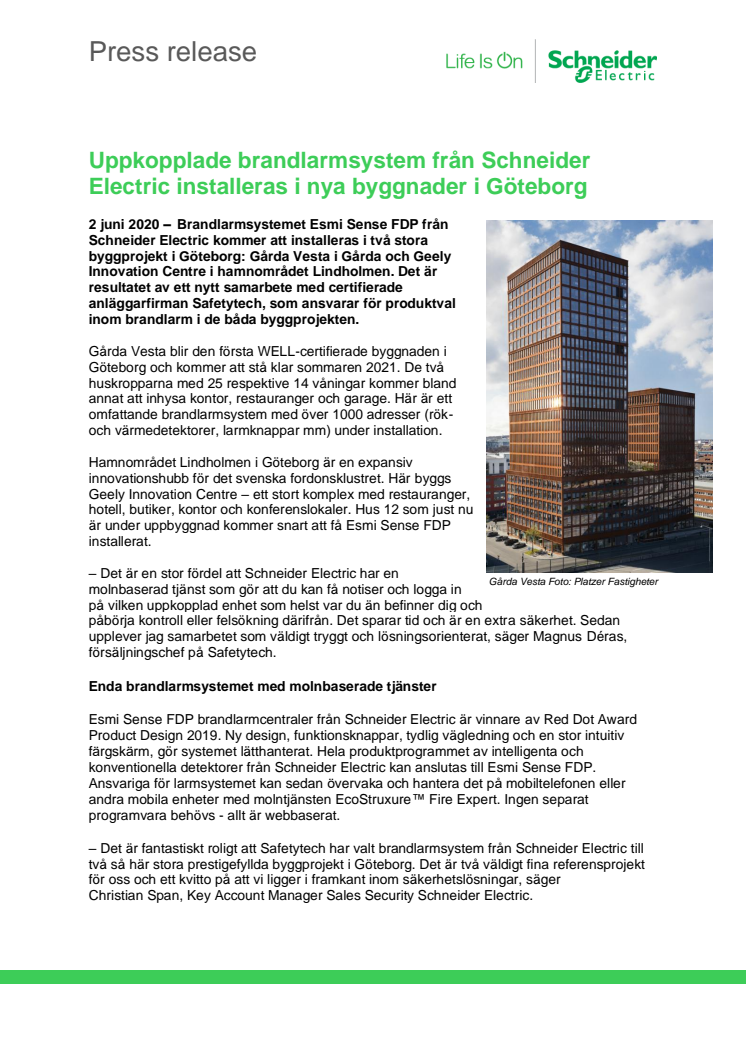 Uppkopplade brandlarmsystem från Schneider Electric installeras i nya byggnader i Göteborg