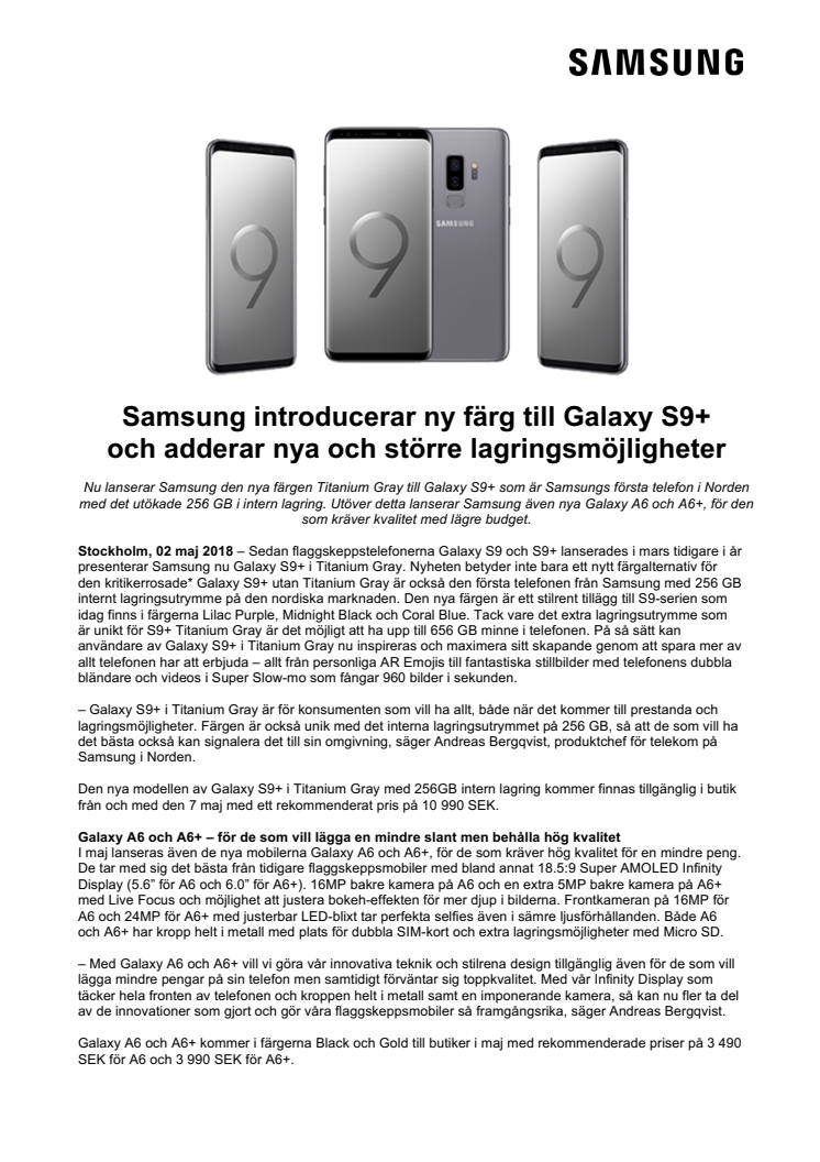 Samsung introducerar ny färg till Galaxy S9+ och adderar nya och större lagringsmöjligheter 