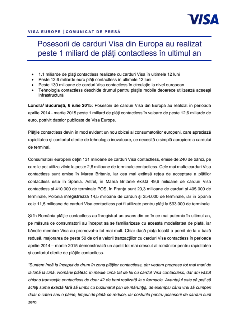 Posesorii de carduri Visa din Europa au realizat peste 1 miliard de plăţi contactless în ultimul an