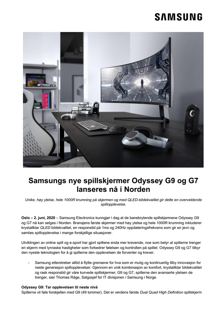 Samsungs nye spillskjermer Odyssey G9 og G7 lanseres nå i Norden