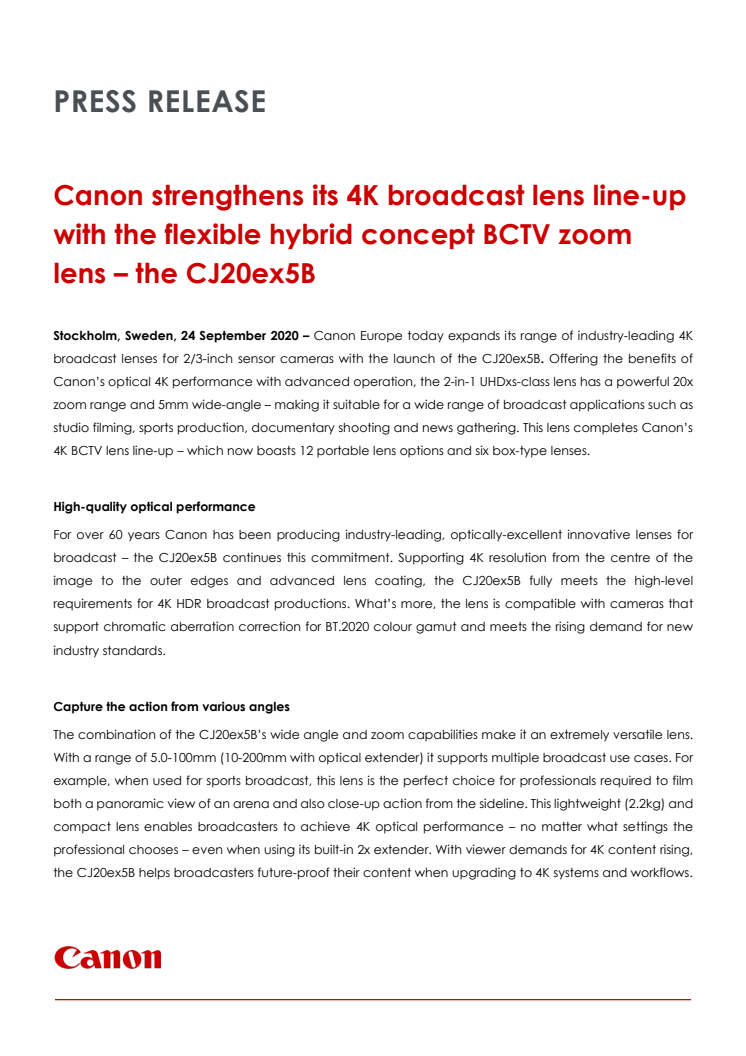 Canon strengthens its 4K broadcast lens line-up with the flexible hybrid concept BCTV zoom lens – the CJ20ex5B